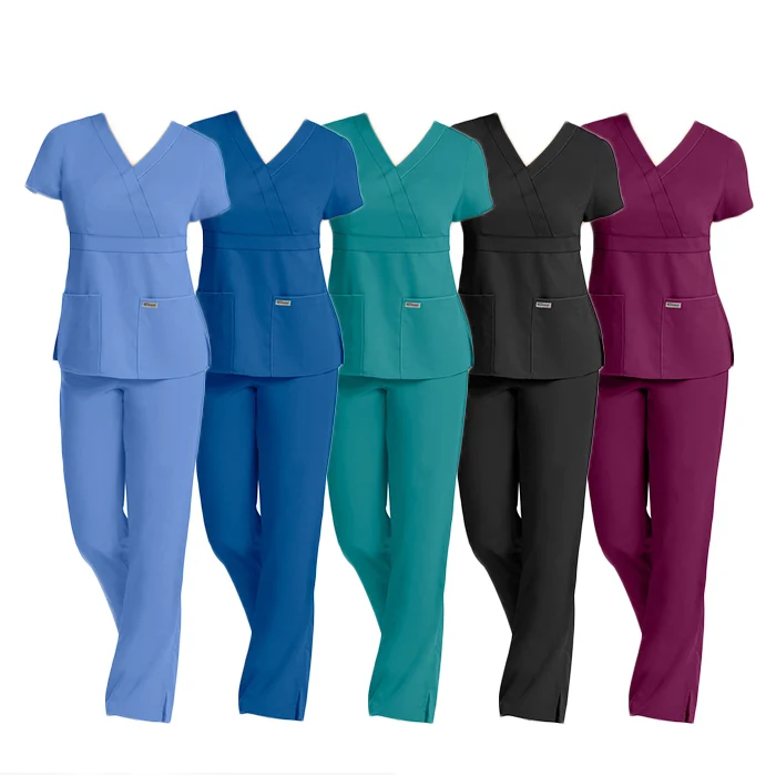 OEM Hospital women stylish 3 pocket modern fit mock wrap doctor and nursing scrubs set