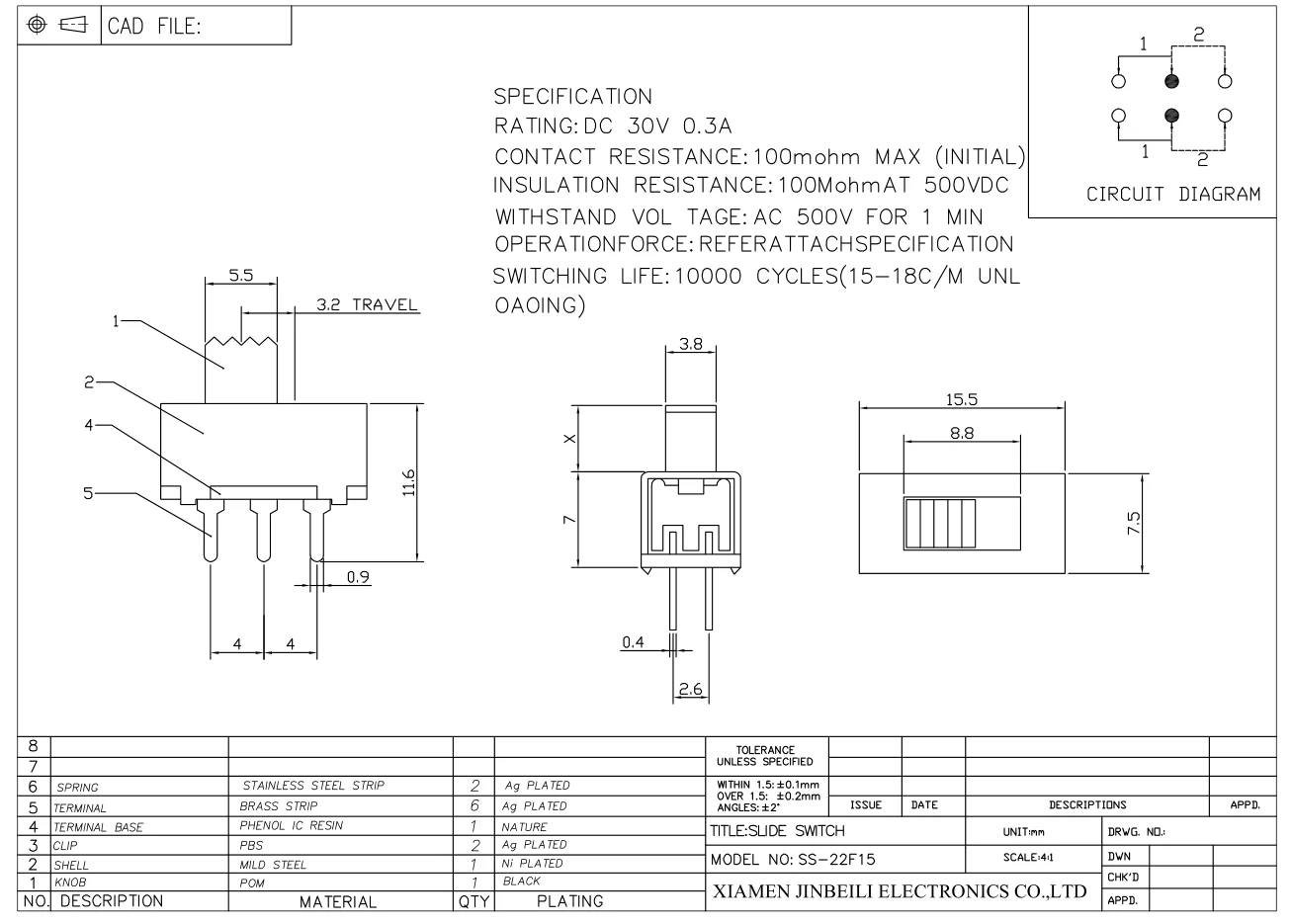 SS-22F15 DIP Type with 6 terminals Rating DC 30V 0.3A Slide Switch