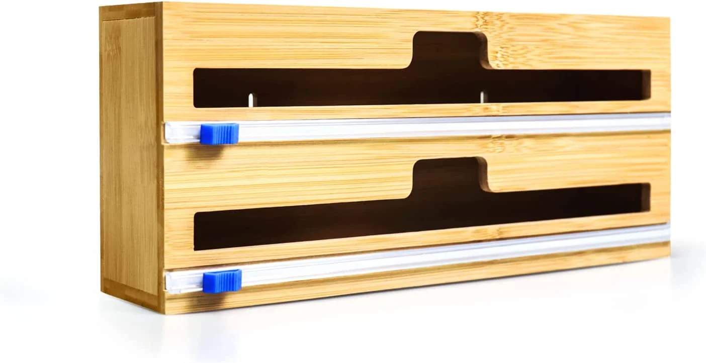 2022 Kitchen Usage Bamboo Wrap Holder Dispenser with Cutter Plastic Wrap, Aluminum Foi Roll Organization Storage Holder