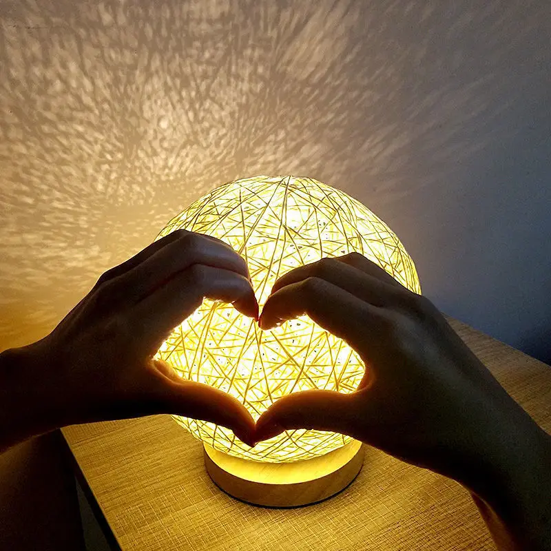 French Rattan Table Lamp Shade Night Light Creative Wood Base Led Rattan Ball Table Lamp