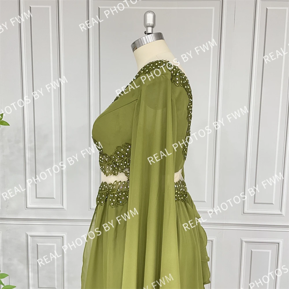 100% Real Photos High Quality Green Leaf Appliques Cut Out Long Sleeves Special Events Dress For Women Celebrity Evening Gown