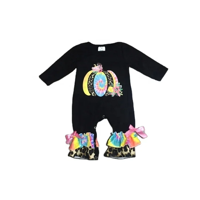 baby girls  Fall winter Halloween cute lace  ruffle tie dye pumpkin romper