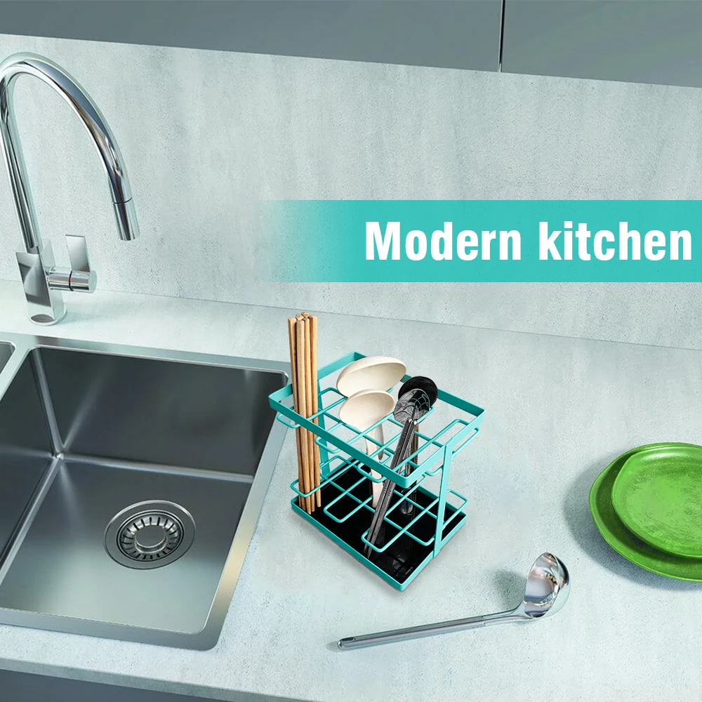 Japan Style Modern Life Metal Wire Unique Kitchen Utensil Holder And Racks PP Drip Tray Chopstick Spoon Holder For Dining Table