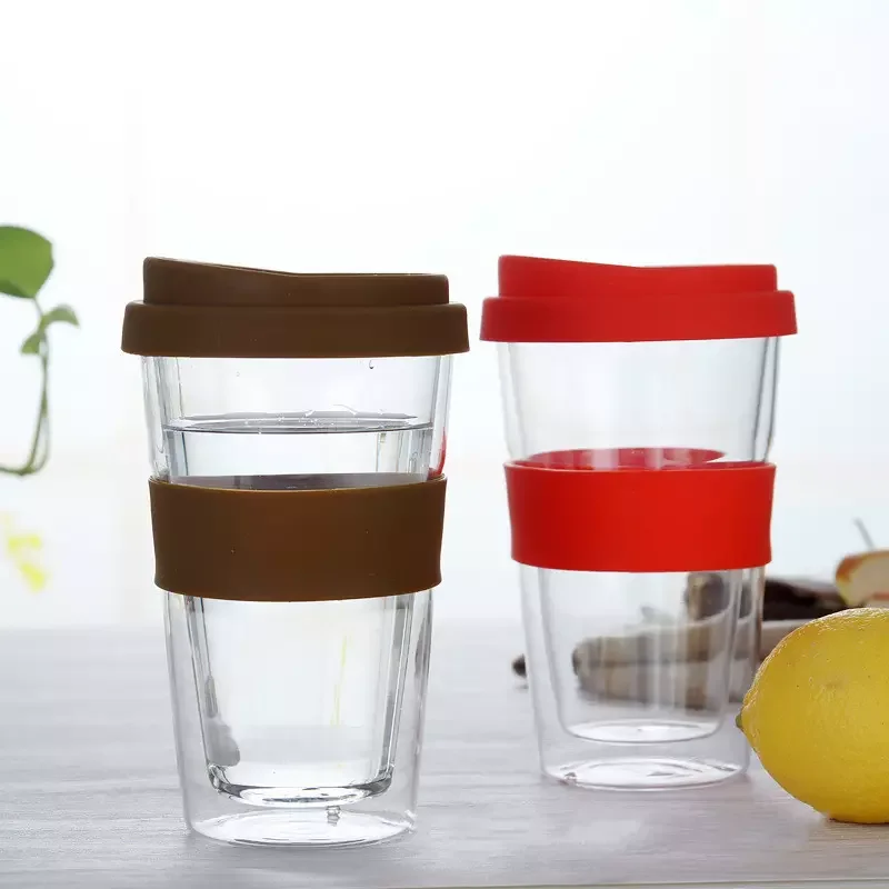 Glass Double Wall Tumbler Mug with Silicone Sealed Lid and Sleeve High Borosilicate Glass Portable cup for Coffee or Boba