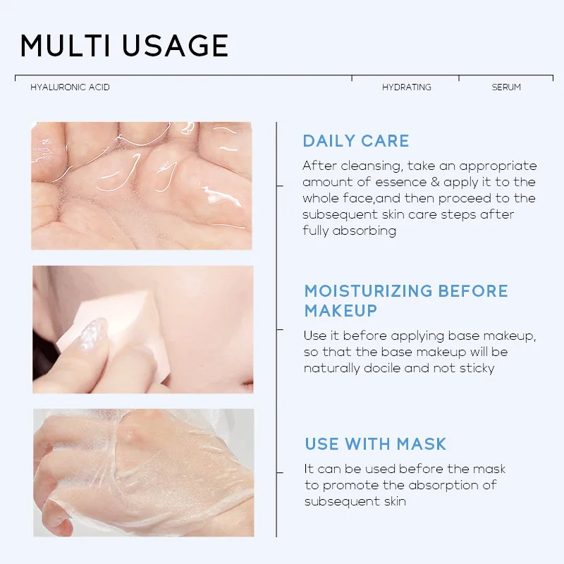 OEM Hyaluronic Acid Facial serum Hydrating, hydrating, firming and brightening Organic ingredients liquid for all skin types