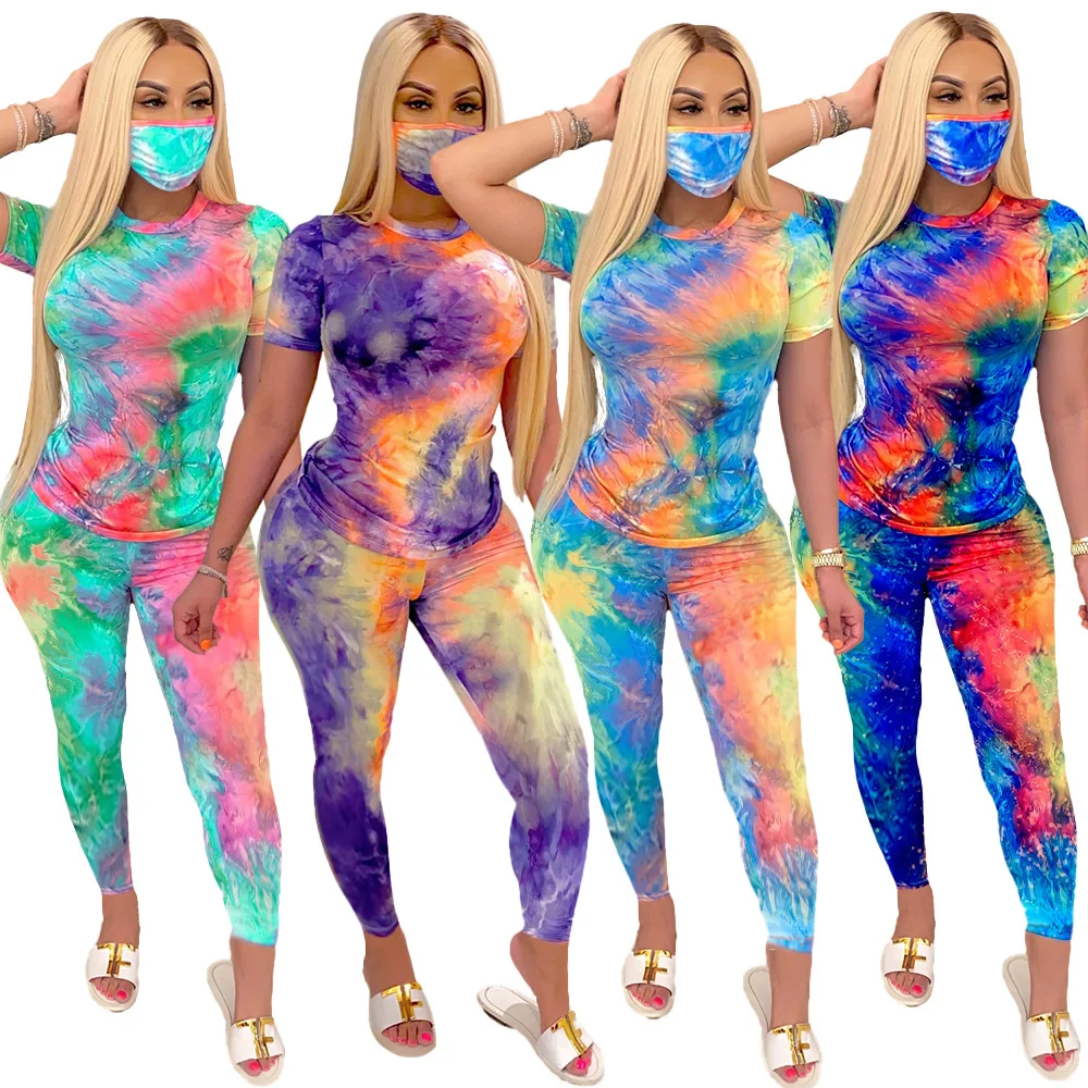 
2021 summer two piece pants set tracksuit Women Sportswear Tie die t shirt 2 Piece Sets casual stylish print fabric 