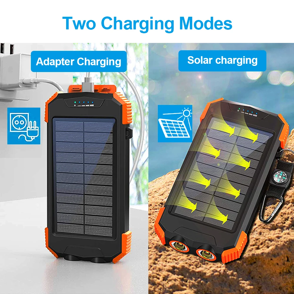 Outdoor wireless charging 10000mAh Dual USb Solar Powerbanks mobile portable solar chargers With Bright Flashlight