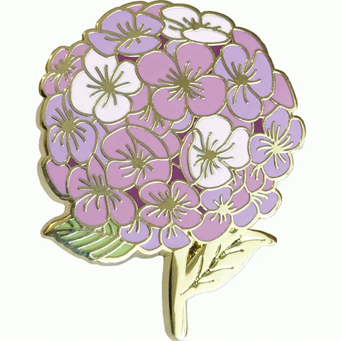 custom gold version flower hydrangea hard enamel badge pins with gift box