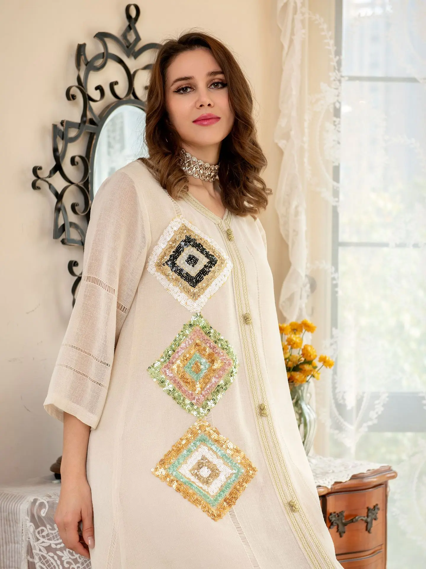 Fashion Cotton Linen Embroidered Sequins Jalabiya For Women Robes Ramadan Abaya Muslim Women Dress