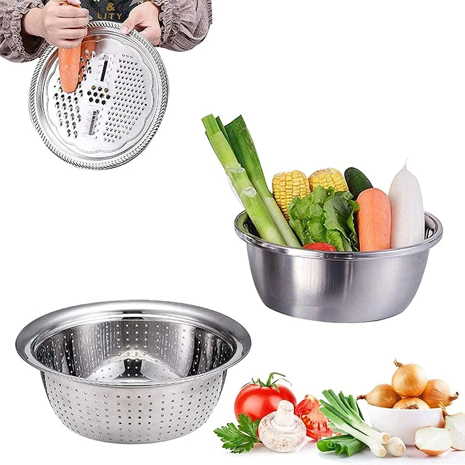 3 in 1 Kitchen Multipurpose Grater - Salad Maker Bowl Kitchen Graters Cheese Grater with Drain Basin Basket