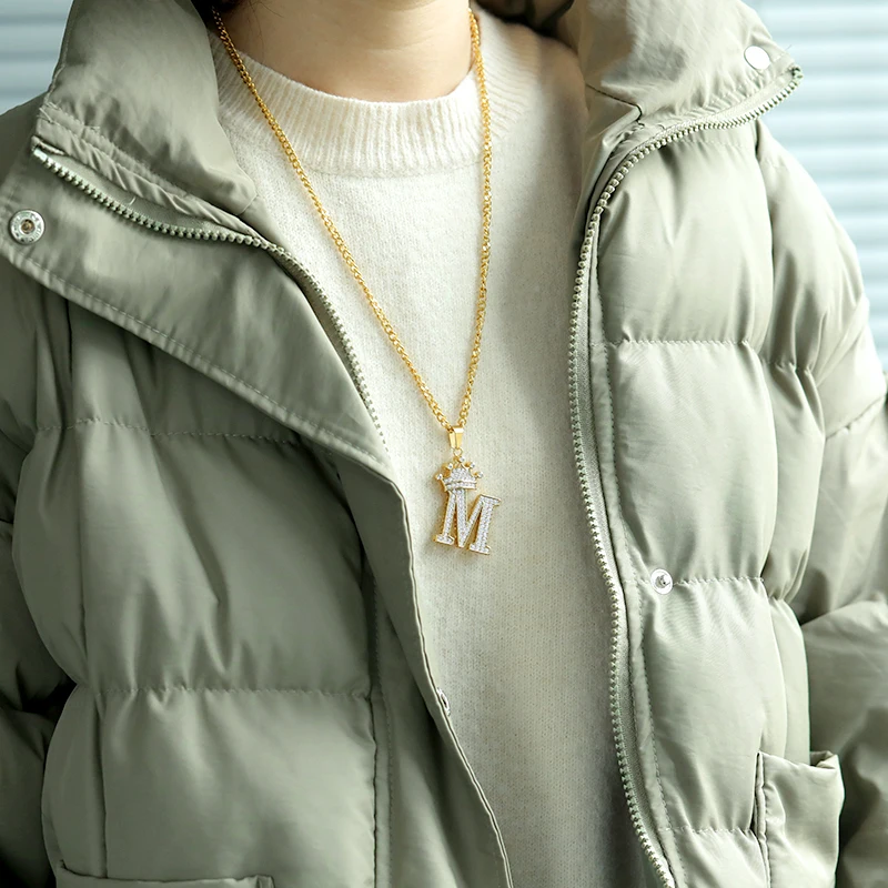 Crown Letter Queen Necklace Diamond Initial Pendant CZ Long Chain Necklace Ice Our Alphabets Charms