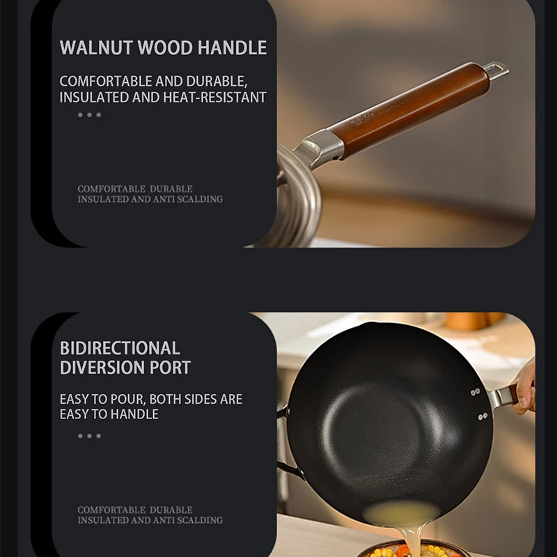 Durable Gas Induction Compatible Non-stick Chinese Wok Pan Non-coating Iron wok