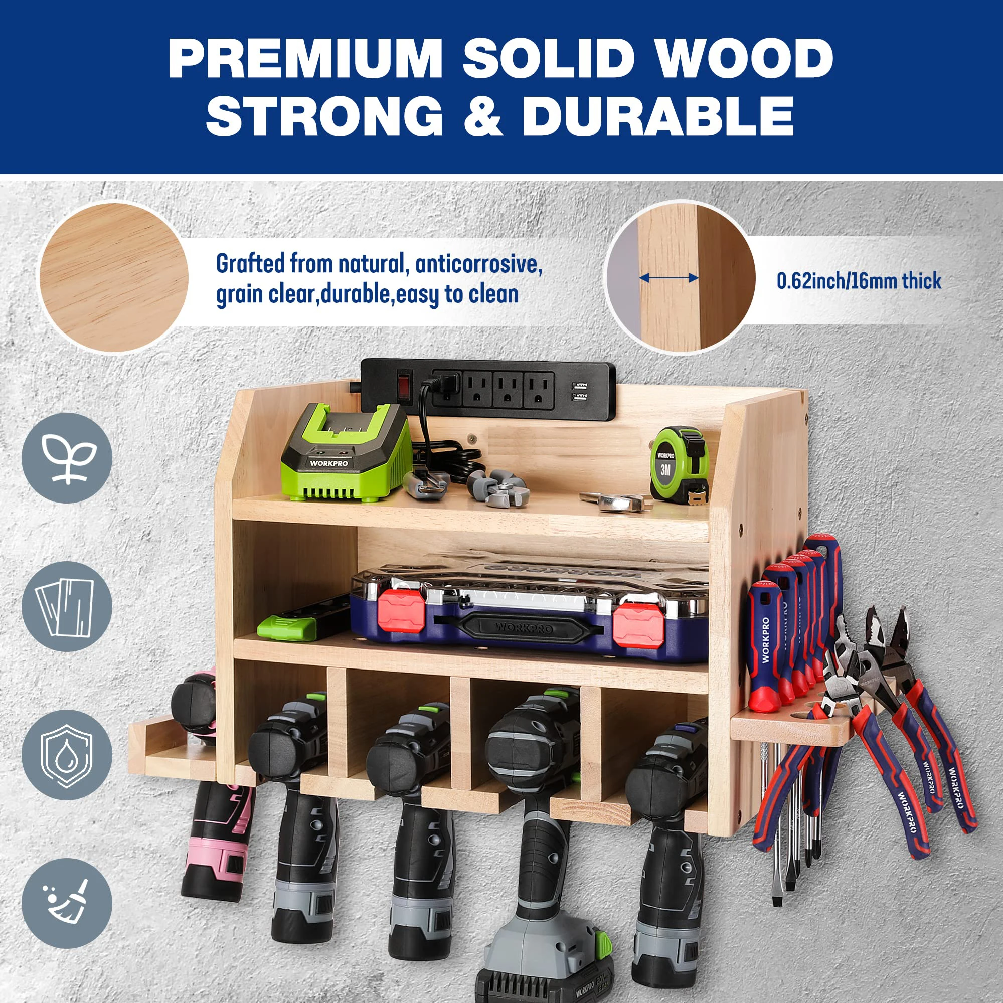 Power Tool Organizer, Cordless Drill Holder Storage Wall Mount With 5 Drill Hanging Slots, Screwdriver Rack Wooden Tool Storage