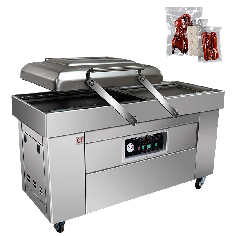 Large double chamber vacuum packing machine auto swing arm vacuum packer for fish meat chicken duck pork rice brick