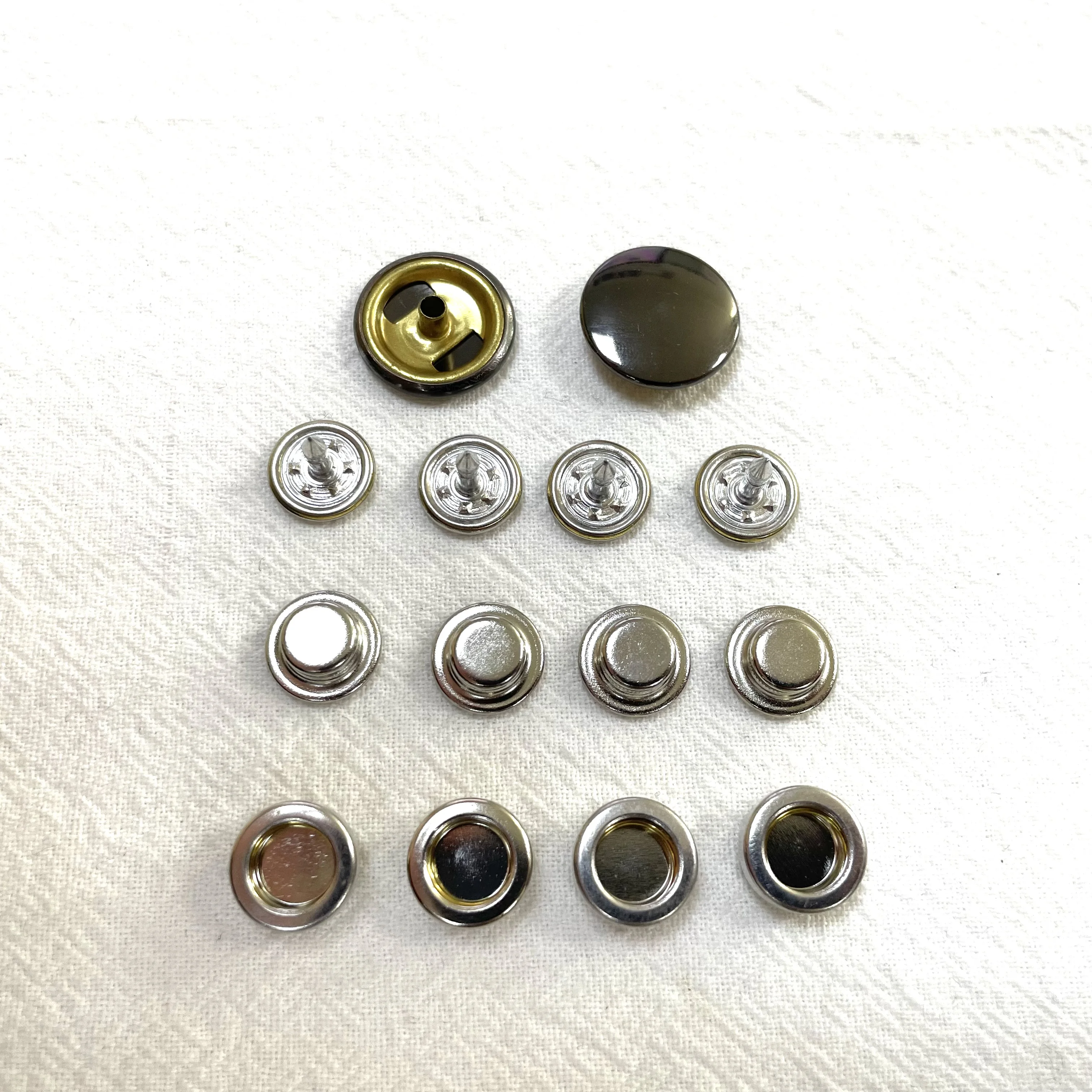 Different fashionable 15mm brass quality spring snap button with under parts snap button for clothing