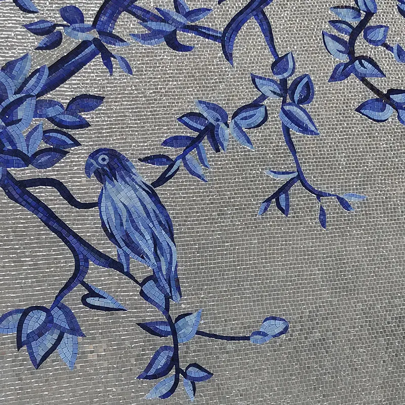 Elegant Hand Cutting Classic chinoiserie Blue Flower and Birds Pattern Art Glass Mural Mosaic Decorative Wall Tiles