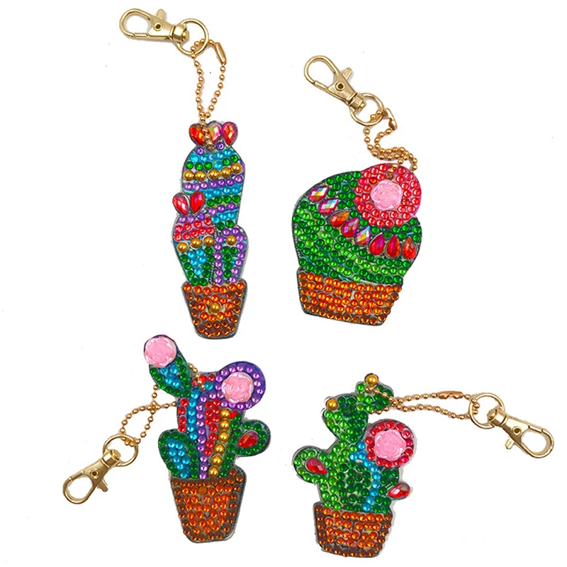 4pc/Set  DIY Diamond Key Chain Pendant Crystal Bag Hanging Full Drill Diamond Painting Cactus Keychain Women Bag Pendant Charm