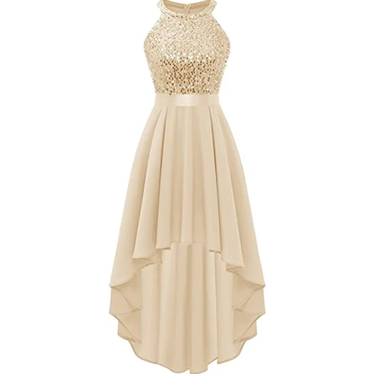 2022 lady formal elegant Cocktail Party evening dress high-low hemline sequin champagne  bridesmaid dresses for women wedding