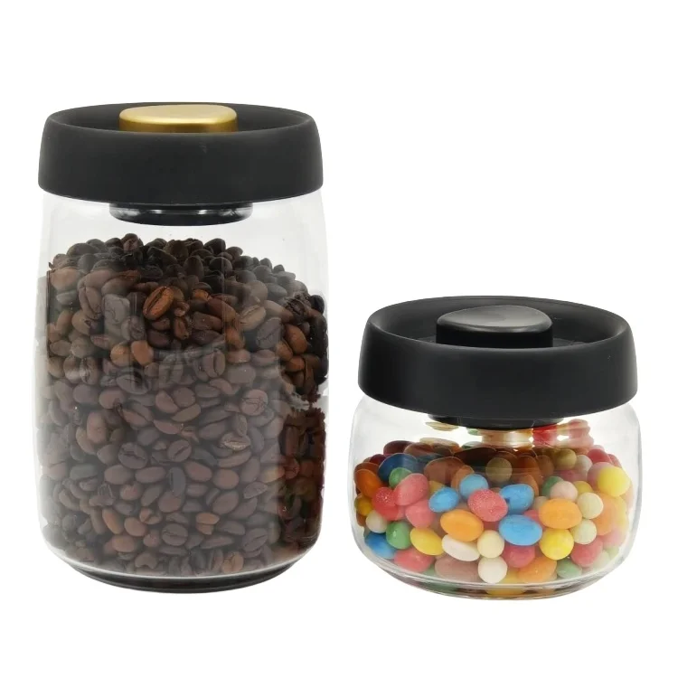 High Borosilicate Round Glass Storage Jars Coffee Beans Sealing Canister with Press Vacuum Sealed Black Lid