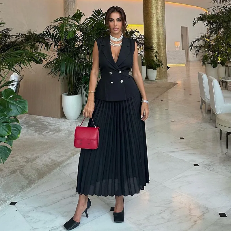 HK7438 Summer Women Long Skirt Set Elegant Lapel Sleeveless Double Breasted Top And Pleated Skirt Set 2 Piece Outfits For Women