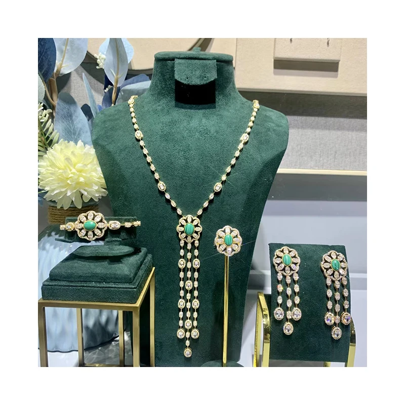Luxury Dubai Bridal Jewelry Set Cz Zircon Gemstone Moroccan Wedding Jewelry Long Tassels Necklace Earring Wedding Set