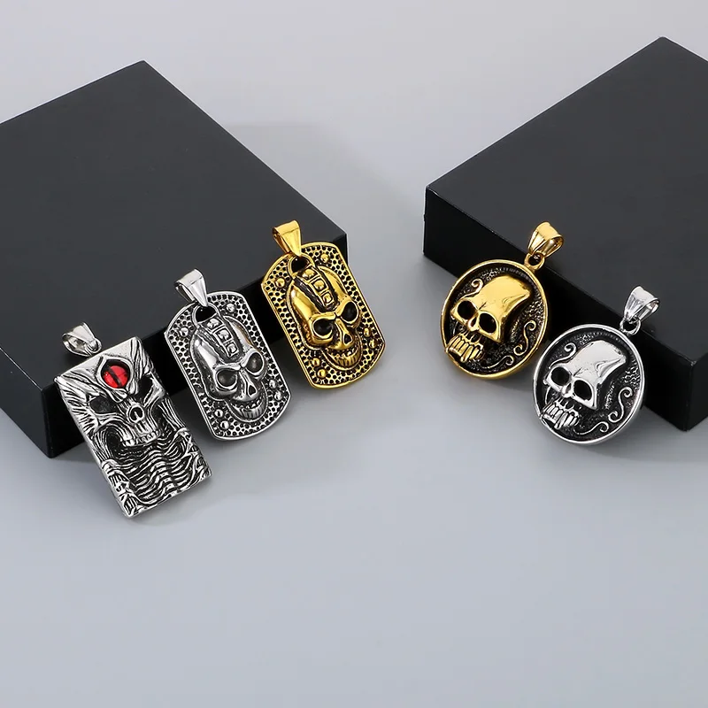 KALEN Men Punk Stainless Steel Hell Skull Pattern Square/Round Pendants