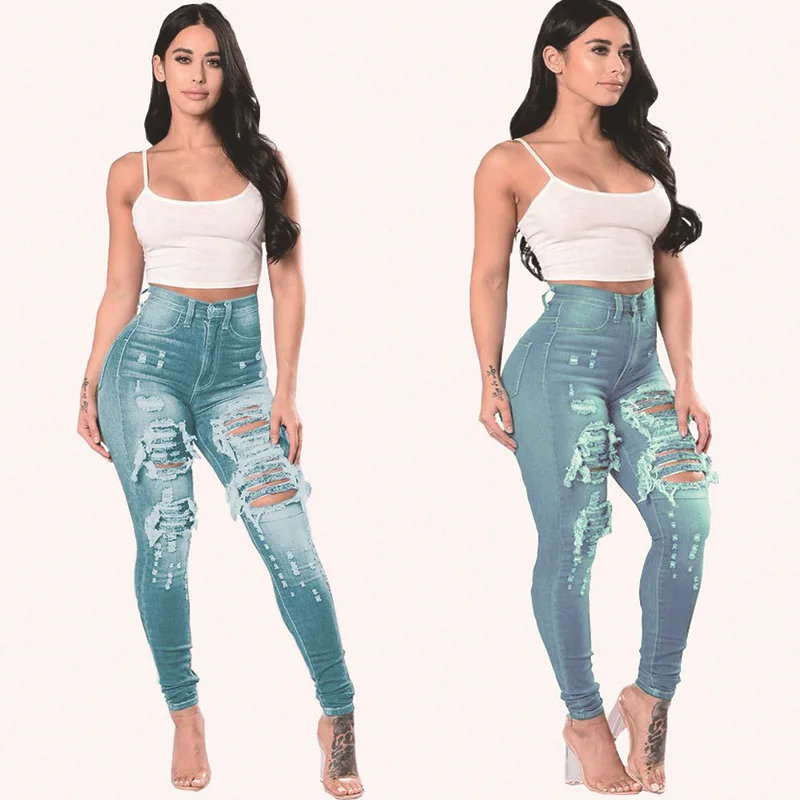  fashionThe new Bare legs skinny jeans blue High waist elasticity custom Slim