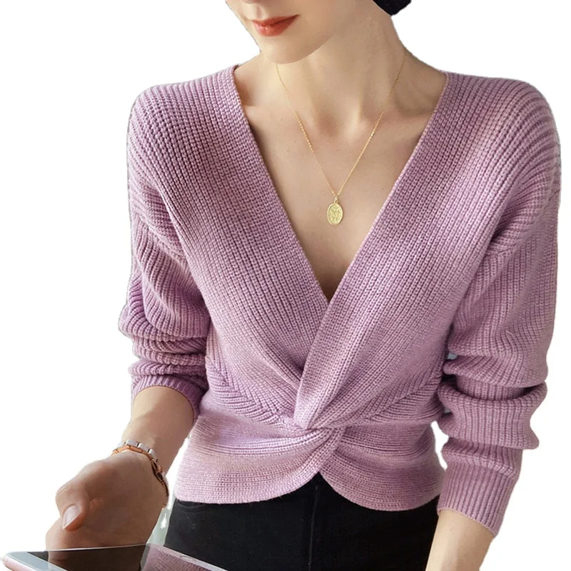 
Luxury Trendy Jumper Custom Sexy Relaxed Fit Long Sleeve Pullover Deep Big V Neck Knitwear Women Off Shoulder Sweater 