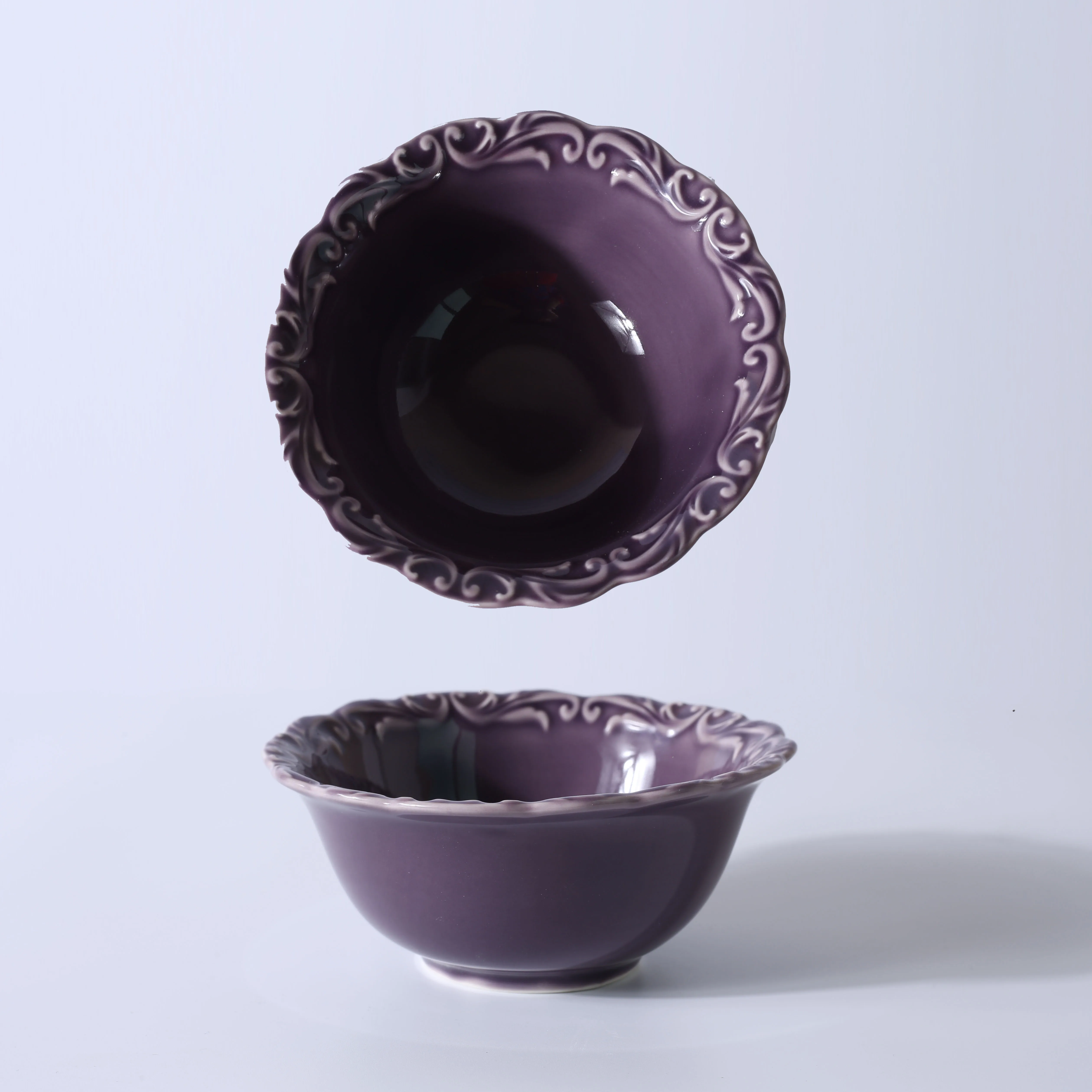 Wholesale Fancy Design Ceramic Bowl Restaurant Royal Luxury Embossed Purple Salad Soup Bowls