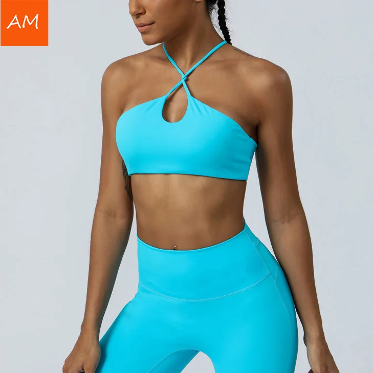 OEM Logo Thin Straps Fitness Yoga Bra Cross Back Padded Sports Bra Halter Neckline Bra For Women