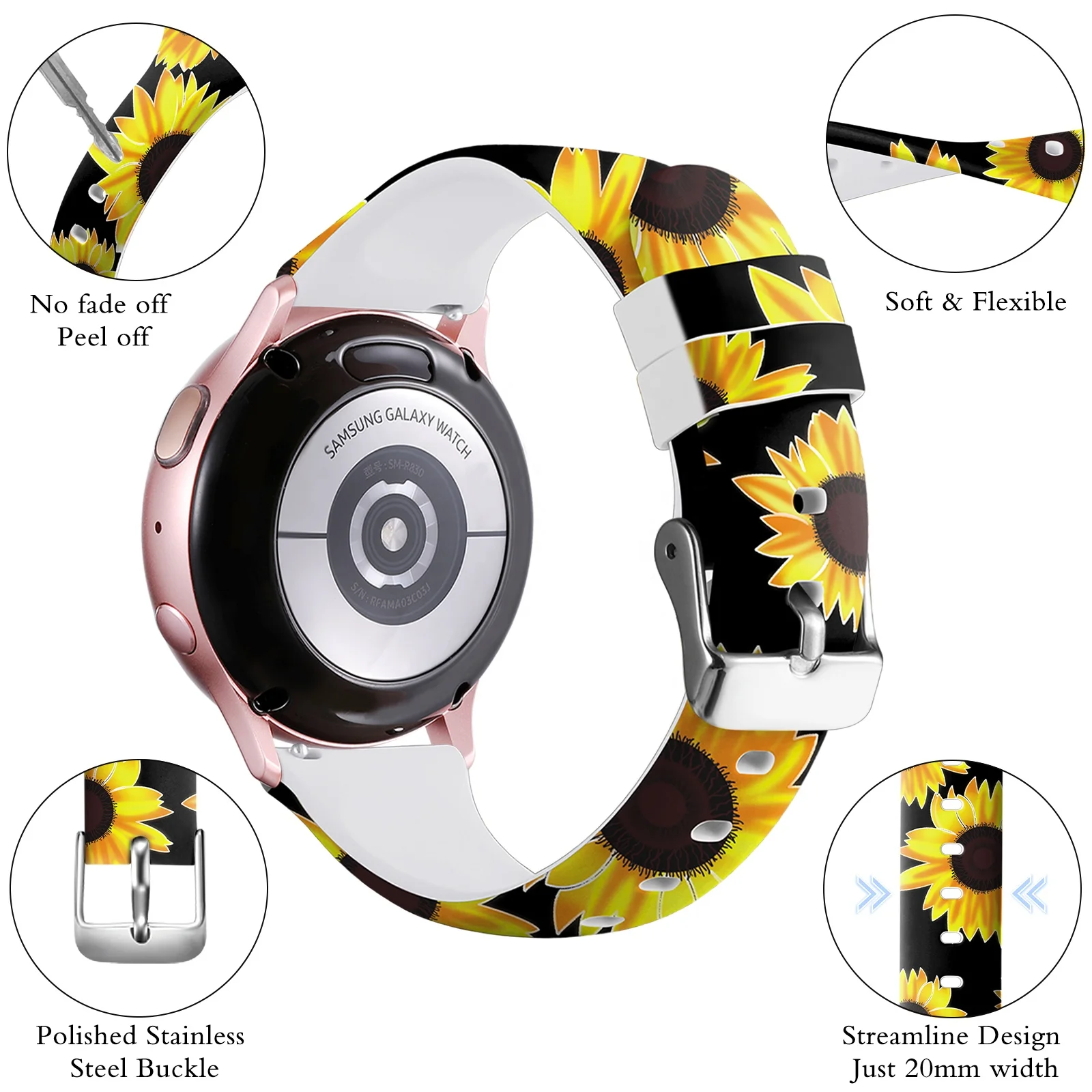20mm Universal Rubber Wristband Slim Pattern Strap For Garmin