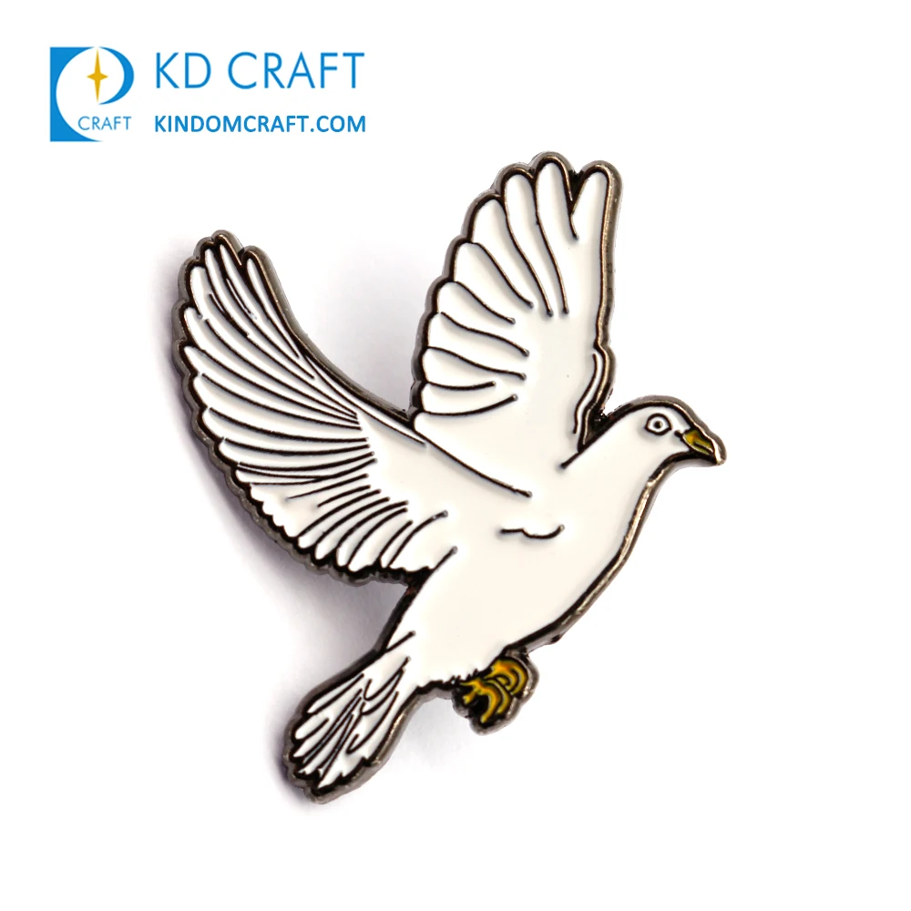 Unique design custom shaped metal white enamel dove peace anime cute animal bird peace pigeon lapel pin badge for decorative