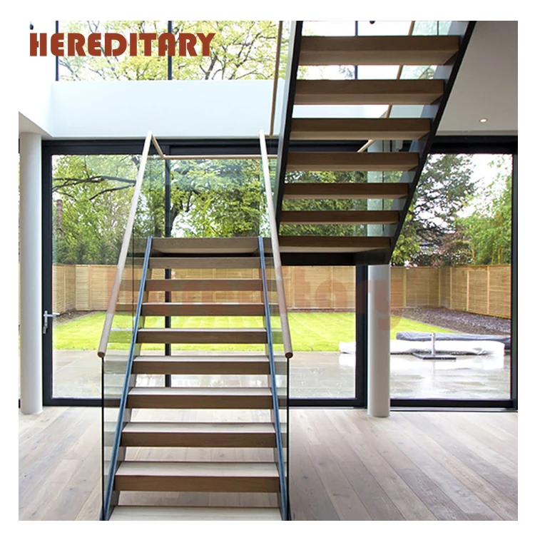 Wrought iron wooden stairs treads staircase with tempered glass stair parts