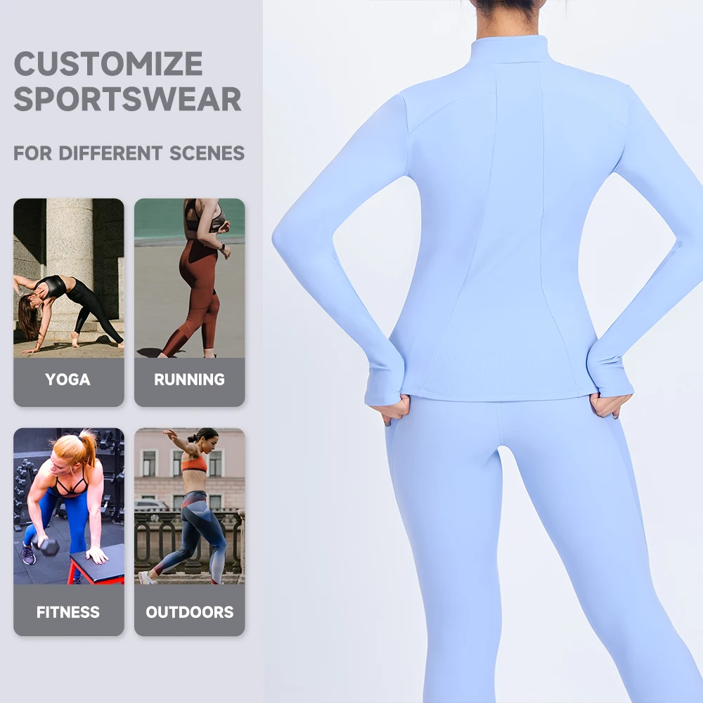 Custom new women fitness Yoga top front full zip jacket with pockets long sleeve slim fit top