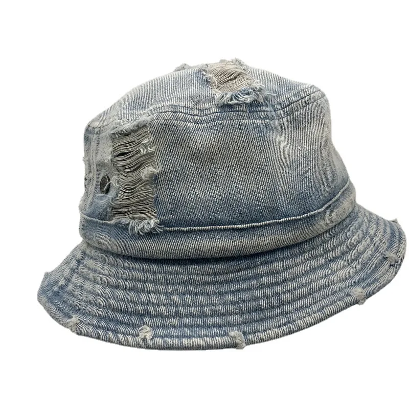 Japanese-Style Distressed Denim Korean Versatile Ripped Wide-Brimmed Hat for Men and Women Hip-Hop Streetwear Sun Protection Fis