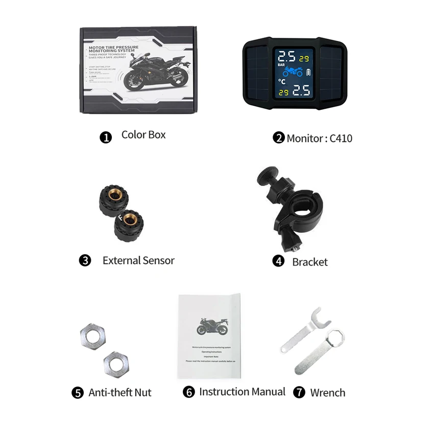 Bicycle Bike Motorcycle 2 wheels Tire Pressure Monitoring System TPMS with Solar Digital Wireless External Sensor