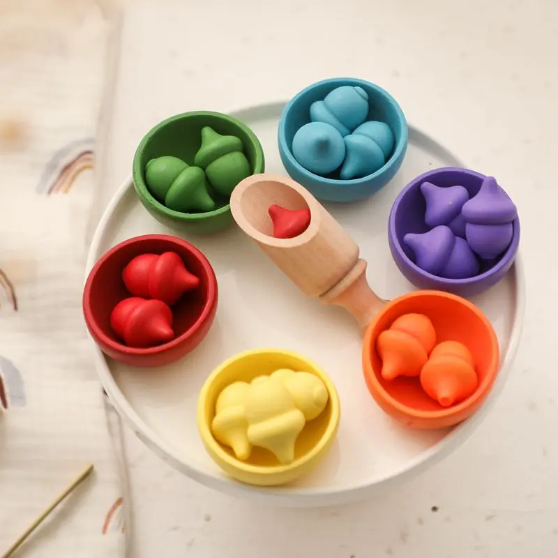 Baby Wooden Toys Acorn Sorting Set with Scoop Montessori Toy Rainbow colors