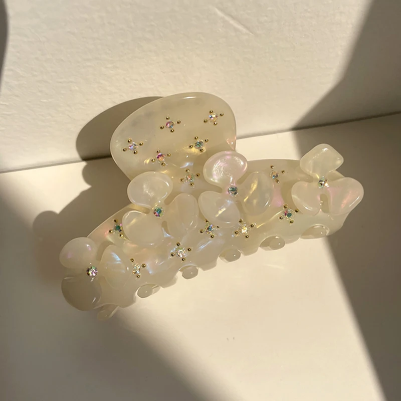 INS 7.5cm New French Vintage Flower Zircon Acetate Hair Clip Shark Grab Hairpin Fashion Hair Claw for Women Girls