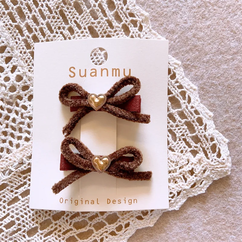 Brown Color Hair Ornament Fancy Bow Hair Clips and Elastic Hair Band Sets Autumn and Winter Headpieces for Girls