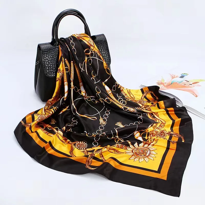 Satin Scarf Square Fashion Designer Custom Digital Print 90*90cm Polyester Office Ladies Women Silk Scarf