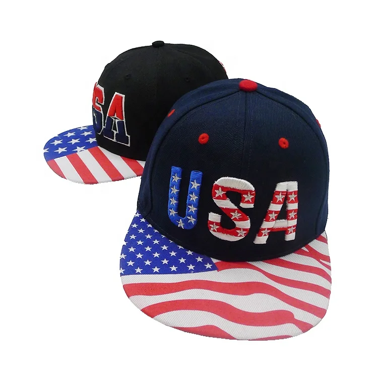 Wholesale Cool Snapback Baseball Cap 3D Embroidered USA American Flag Logo Flat Brim Cotton Hat for Boys Girls Hip Hop Style