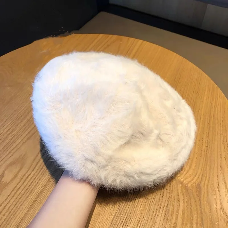 2025 Winter Beret Femme Solid Color Outdoor Wool Boina for Girl Warmth Soft Plush Rabbit Korean Beret
