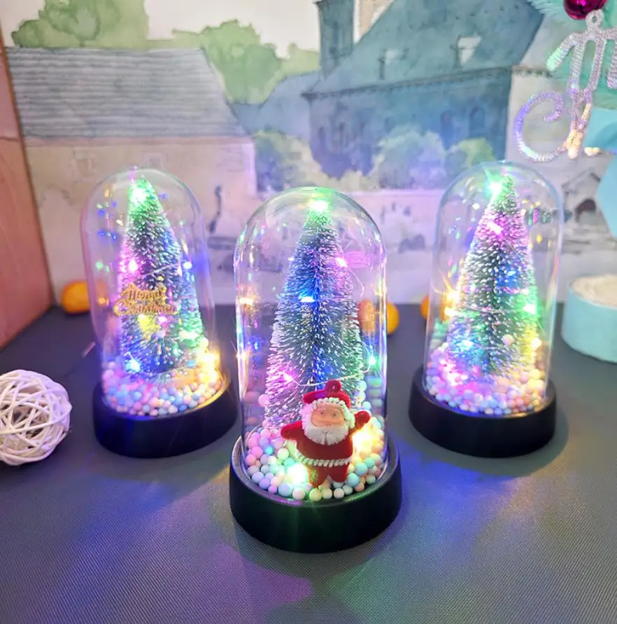 Light Up Artificial Mini Christmas Tree LED String Pine Sisal Trees with Wooden Base in Clear Case Home Xmas Holiday Party Decor