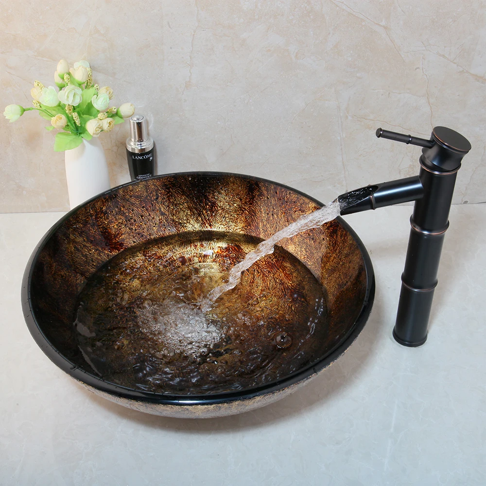 Bamboo Black Faucet +Ross Brand Washbasin Lavatory Glass Sink Bath Combine Tap Mixer Faucet