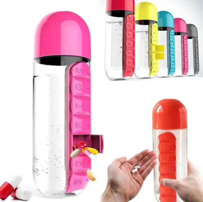 600ML 2 in 1 Portable Sport Water Bottle with Built-in Daily Pill Box Organizer Supplement Vitamin Medicine Storage