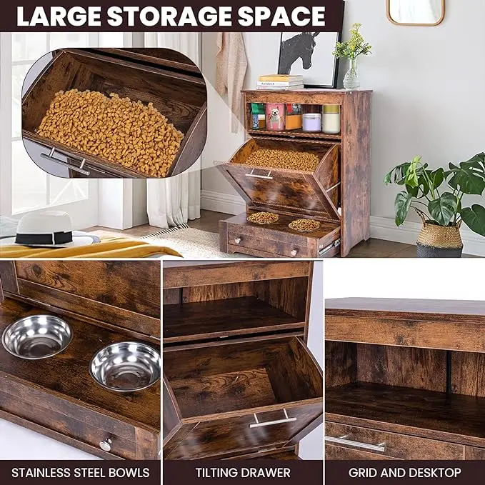 Modern Pet Feeder Station: Elevated Dog Food Storage Cabinet with Raised Bowls and Pull-Out Design