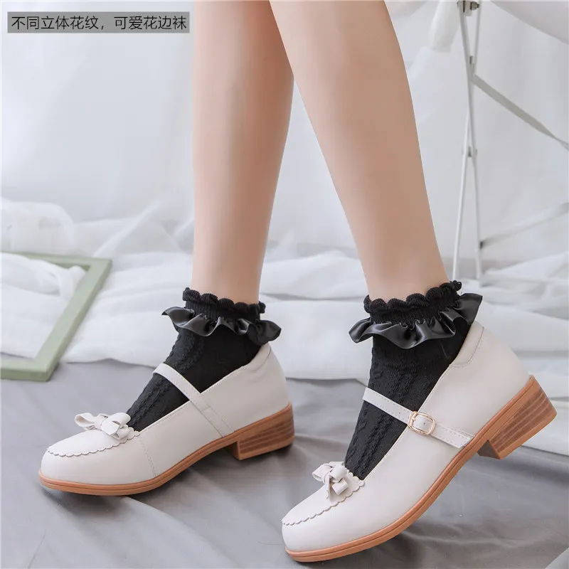 Women Socks Lolita Style Japanese Cute Frilly Ruffle Socks Solid White Black Mesh Lace Girls Sweet  Short Socks