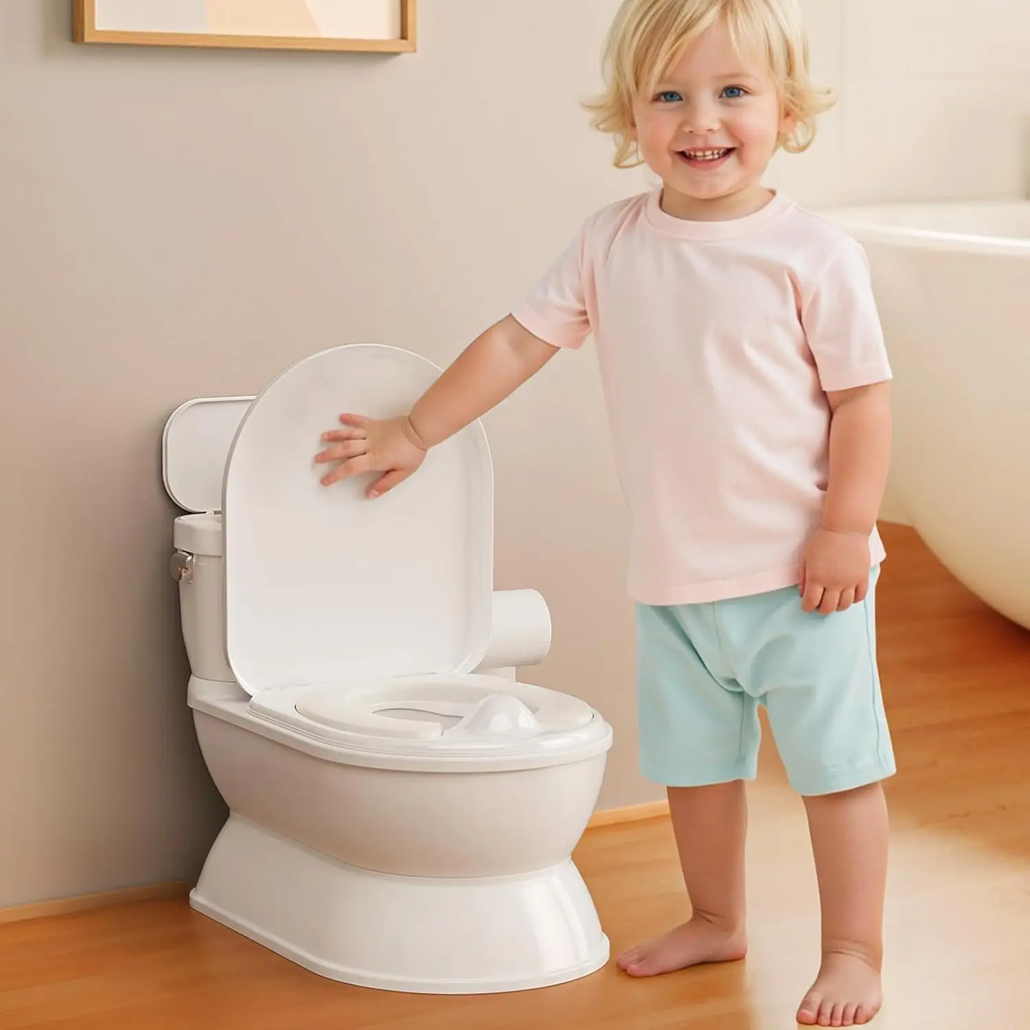 2-in-1 Toddler Potty Training Toilet - Larger Potty Chair for Boys & Girls Ages 1-3 with Flushing Sound Toilet Paper Holder