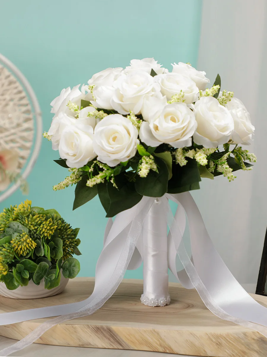 Artificial Holding Flowers White Champagne Bridesmaid Flower Wedding Bouquet With Ribbon