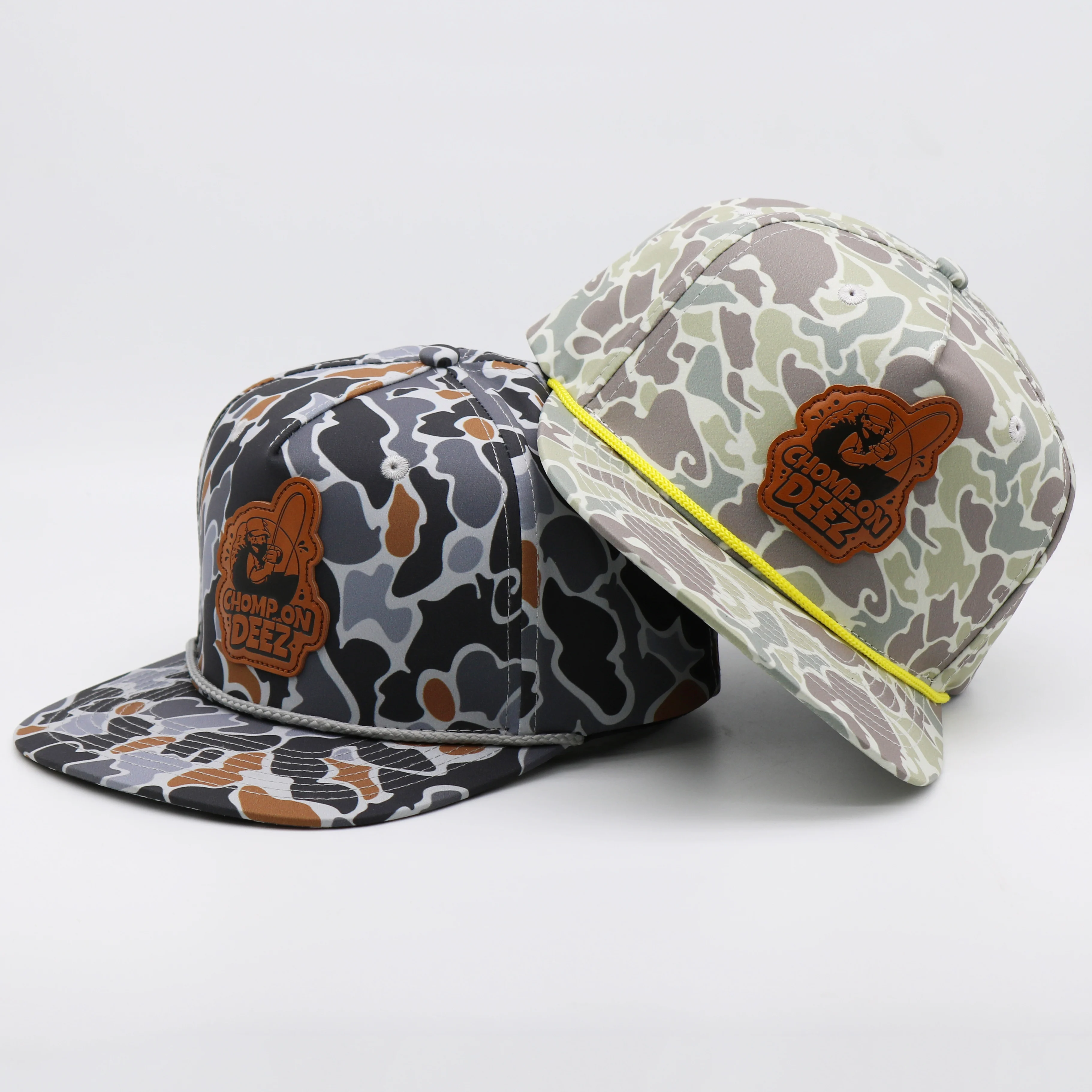 Custom Logo Vintage 5 Panel Rope Waterproof Quick Dry Nylon Camo Hats Flat Bill Brim Snapback Cap Outdoor Fishing Hip Hop Hat
